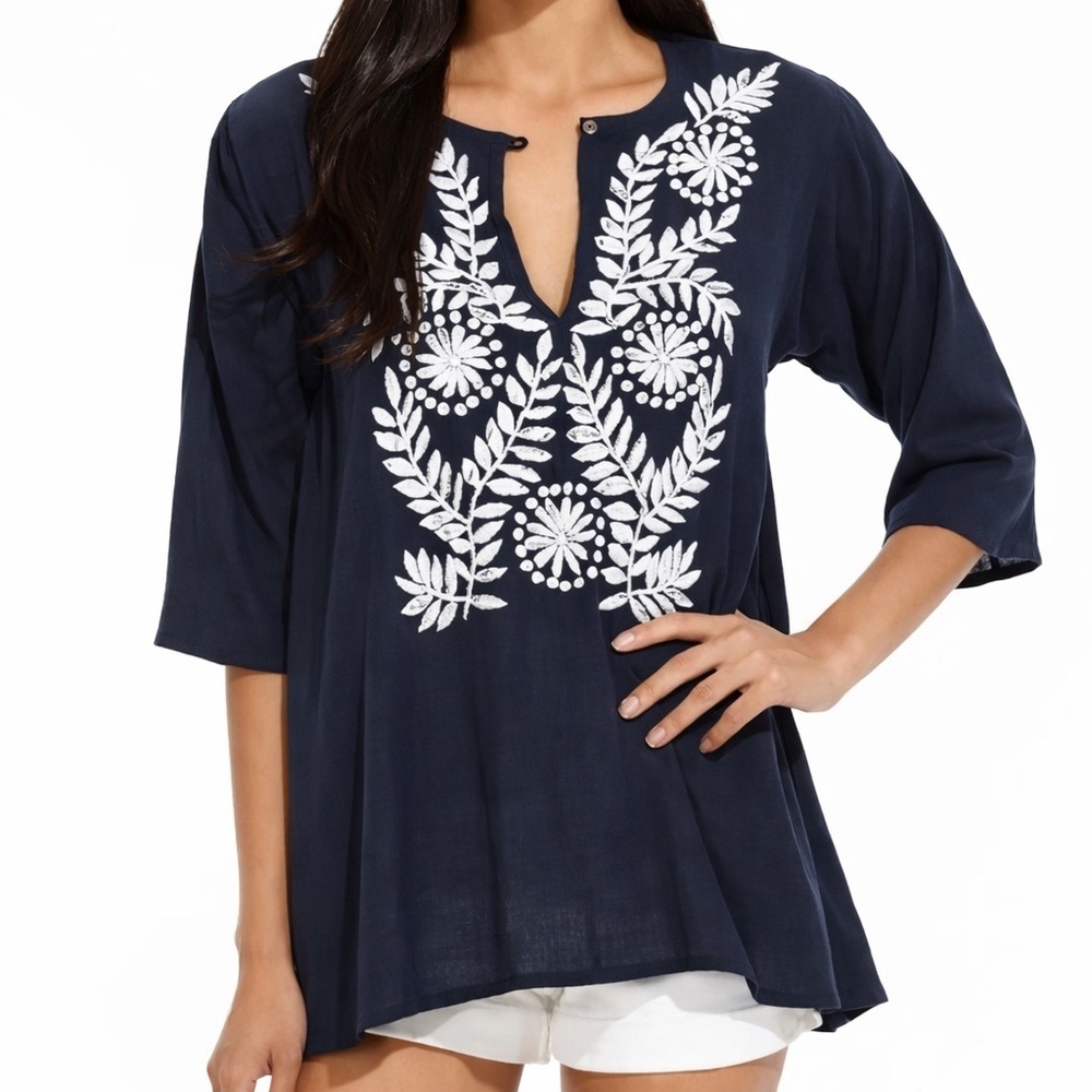 Roberta Roller Rabbit Blouse Top XXS Navy Bohemian Romantic Cotton Embroidered